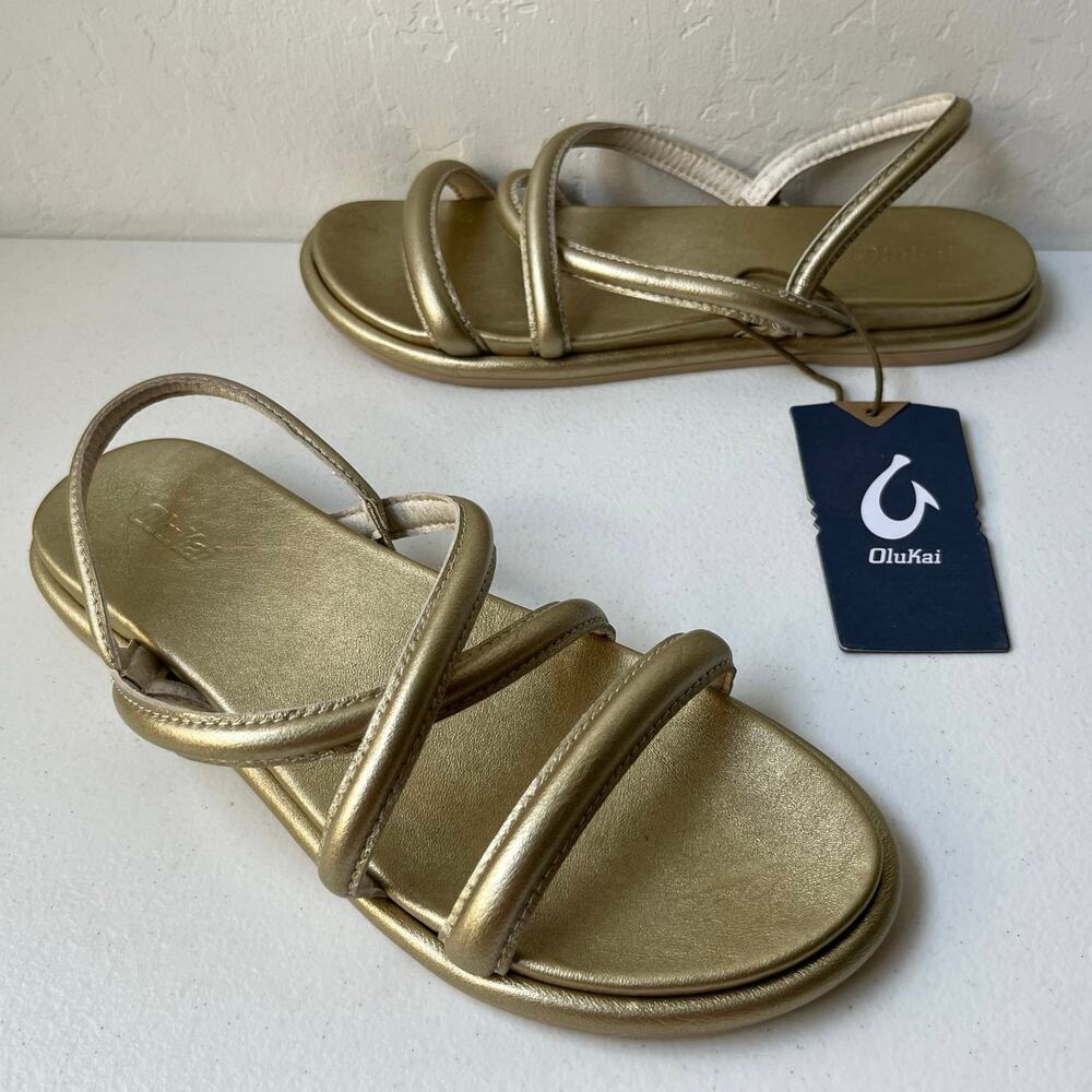 Olukai Tiare Leather Strappy Sandals Women's Size 9 Gold Comfy Minimalist NEW